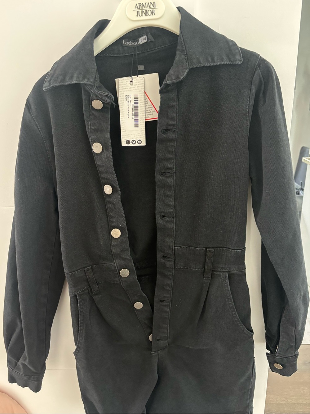 Boohoo Black Snap-Front Denim Romper